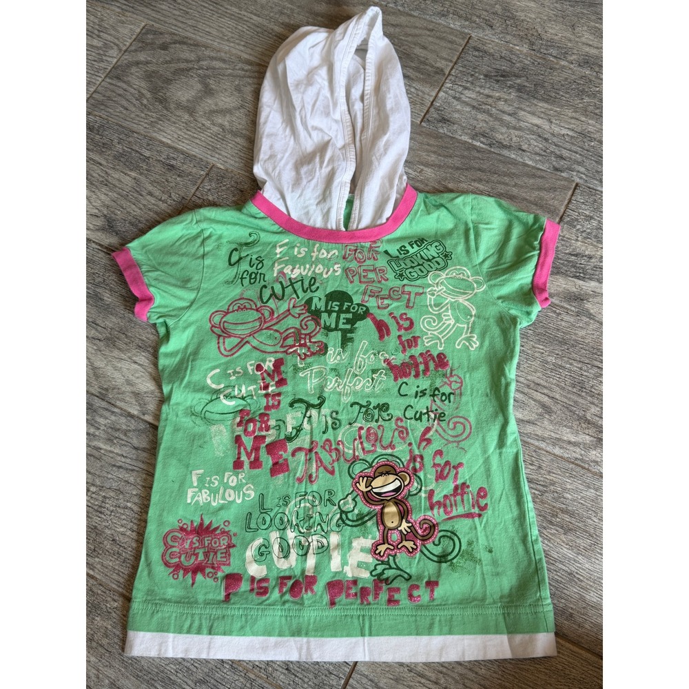 Bobby Jack Hooded Graphic T-Shirt Large Tee Shirt Monkey Glitter Girls Y2K 80s
